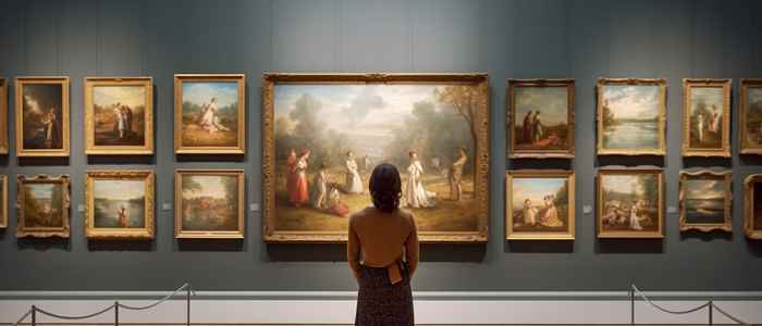 vrouw kijkt in museum naar schilderijen